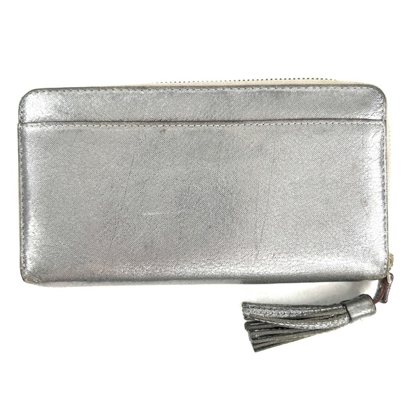 Kate Spade Silver Sparkly Leather Large Zip Around Wallet Clutch Purse Logo - Picture 2 of 9